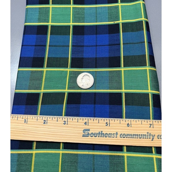 Quilt Craft Fabric Cotton Material Blue Green Yellow Plaid Squares 44 x 36 VTG - Picture 1 of 4